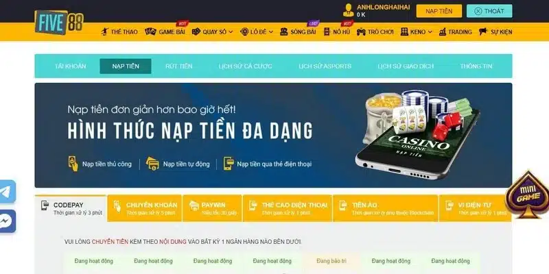 Hướng dẫn nạp rút đơn giản tại nhà cái Five88